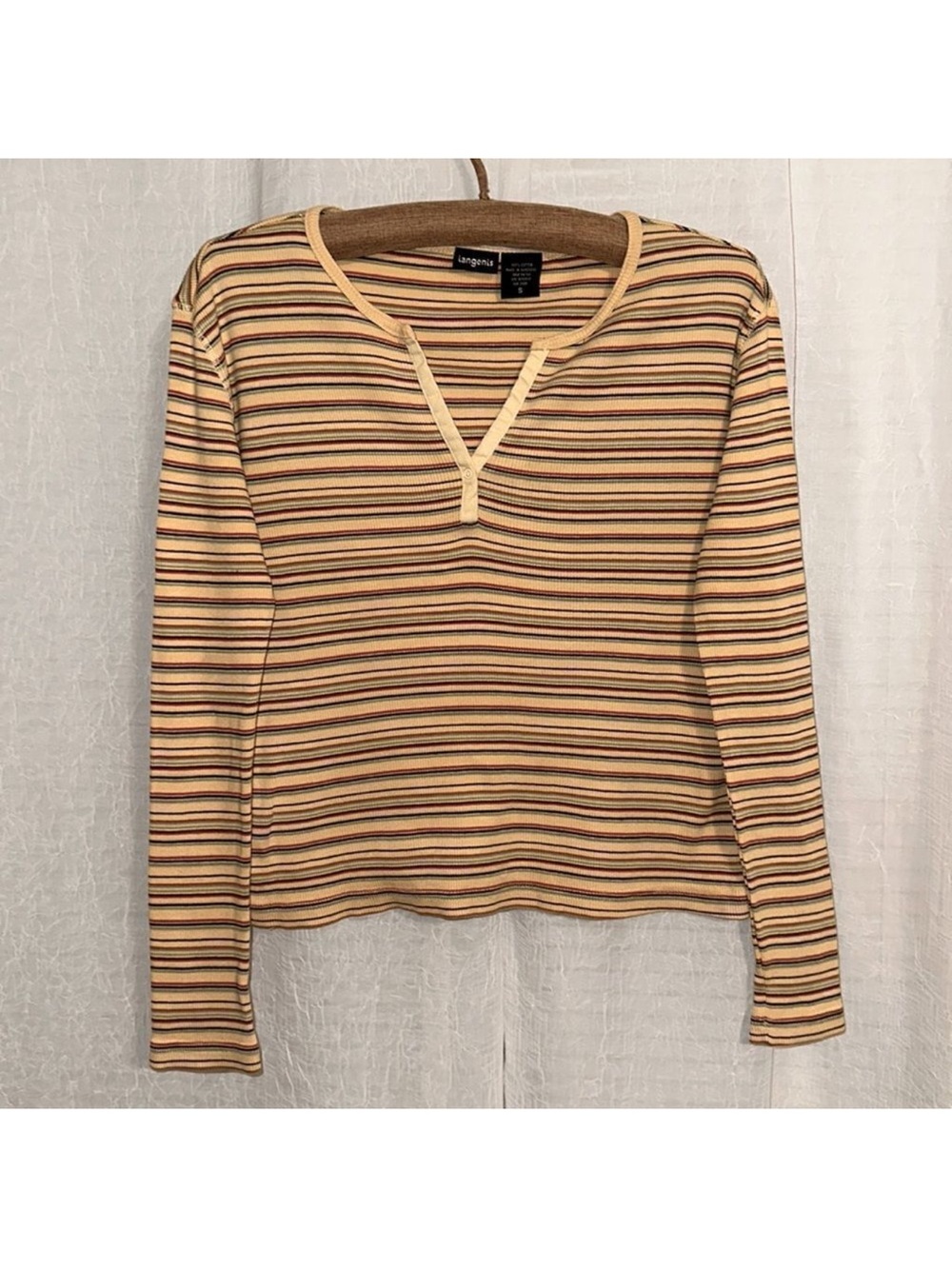 tangents S Cotton Gold Striped Ribbed Front Snap V-Neck Long Sleeve Thermal